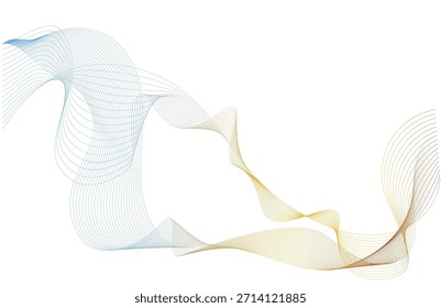 Abstractas marco ondulado con líneas curvas delgadas y suave degradado azul-oro sobre fondo blanco. Arte lineal moderno mínimo con espacio de copia claro para Anuncios, presentaciones y diseños de marca.