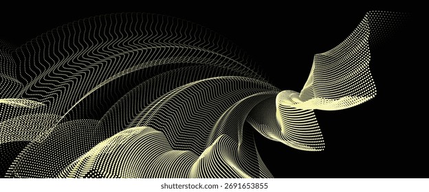 Onda fluida Abstractas de puntos brillantes sobre fondo negro, Ilustración vectorial de flujo de datos futurista