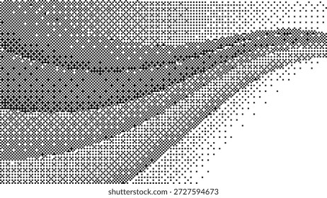 Capas ondulatorias Abstractas con texturas difuminadas de píxeles en blanco y negro que crean una sofisticada Ilustración vectorial paisajística digital monocromática