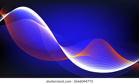Abstractas líneas ondulatorias fluidas en degradado azul, blanco y naranja sobre un fondo oscuro, diseño digital moderno para tecnología y conceptos futuristas.