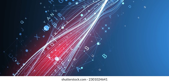 Abstract flowing wave lines with letters and plexus effect. Design element for technology, science, modern concept.