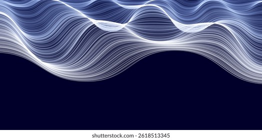 Abstract flowing wave lines on dark background. Waving clouds. Futuristic glowing motion pattern, stylish minimal texture for banners, websites, hi-tech visuals. Vector illustration