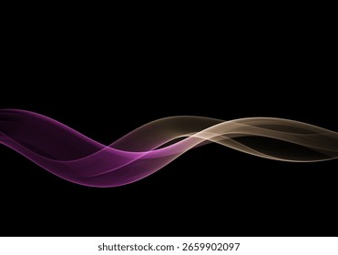 Abstractas líneas ondulatorias en púrpura y oro sobre fondo negro