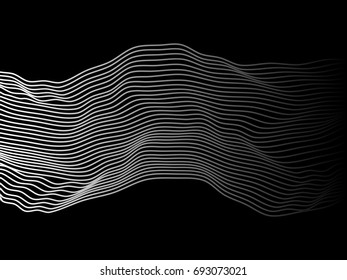 Abstract flowing wave lines surface on black background for design element, banner, etc