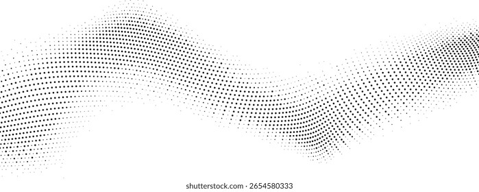 Abstract flowing wave pattern composed of black dots on a white background