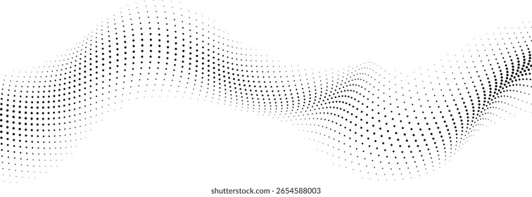 Abstract flowing wave pattern composed of numerous small black dots on a white background