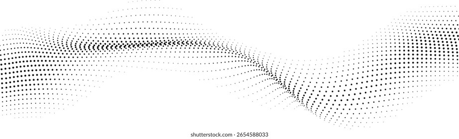 Abstract flowing wave pattern composed of numerous small black dots on a white background