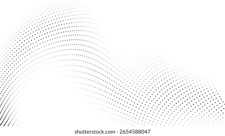 Padrão abstrato de onda fluente composto de numerosos pequenos pontos pretos em um fundo branco limpo
