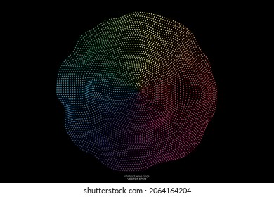 Abstract flowing wave rings dots particles round shape in colorful light isolated on black background for design element, banner, background in concept music, technology, modern