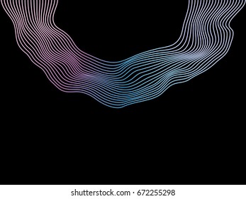 Abstract flowing wave surface of circle lines with colorful soft tone color palette on black background for design element, banner, background