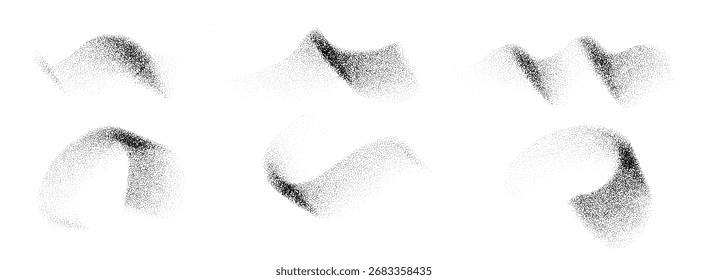 Abstract flowing waves with photocopy grain texture. Minimal halftone stipple effect in black and white style. Vector curved shapes for poster, background, and modern graphic design