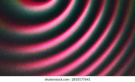 Abstract flowing waves of pink and deep green light forming soft curved pattern across dark surface created from thousands of individual dots. Grainy gradient waves with smooth curves and rhythmic flow. Pink highlights blend into dark green shadows creating modern atmospheric background. Layered waves moving diagonally through dark space. Hypnotic abstract wave composition with flowing curved lines and layered gradients. Vector background