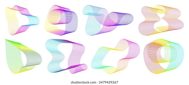 Abstract flowing wavy lines circle ring with neon rainbow gradient color. Digital round frequency track and voice equalizer. Vector elegant and blend design element