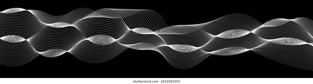 Abstract flowing white wave lines on black background. Dynamic 3D wireframe pattern ideal for technology, science, and digital media projects. Vector EPS 10