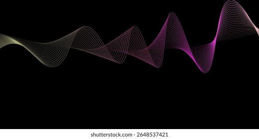 Linhas de pontos ondulados de gradiente fluente abstrato da onda sonora. Onda pulsante dinâmica. Conceito de néon musical, símbolos da frequência da música digital. Ilustração vetorial em um plano de fundo preto