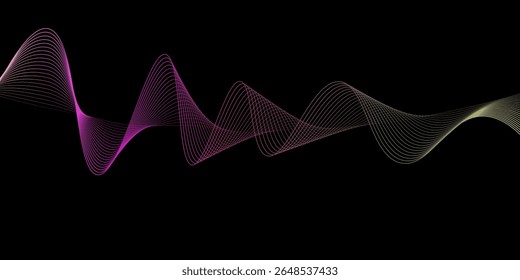 Linhas de pontos ondulados de gradiente fluente abstrato da onda sonora. Onda pulsante dinâmica. Conceito de néon musical, símbolos da frequência da música digital. Ilustração vetorial em um plano de fundo preto