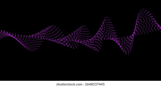 Linhas de pontos ondulados fluentes abstratos da onda sonora. Onda pulsante dinâmica. Conceito de néon musical, símbolos da frequência da música digital. Ilustração vetorial em um plano de fundo preto
