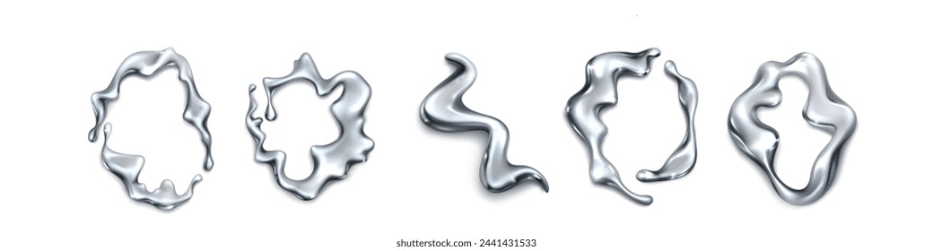 Abstract fluid 3d metal shape for y2k design. Realistic vector illustration set of chrome liquid blobs and drops. Wave and circle silver element. Trendy mercury droplet and splash flow decoration.