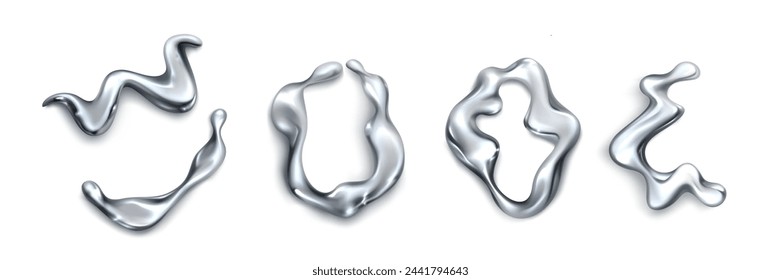 Abstract fluid 3d metal shape for y2k design. Realistic vector illustration set of chrome liquid blobs and drops. Wave and circle silver element. Trendy mercury droplet and splash flow decoration.