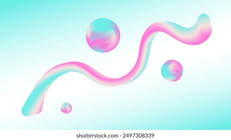 Abstract fluid 3D pastel gradient design with spheres and curves. Rainbow color vector illustration. 