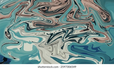 An abstract fluid art background with swirling patterns of teal, brown, cream, and navy. The organic flow and marbled texture create a dynamic and modern visual effect.