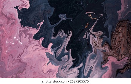 an abstract fluid art or marble like painting with shades of pink, dark blue, and brown.
