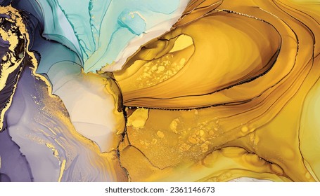 Abstract fluid art painting background in alcohol ink , mixture of yellow and golden metallic paints. Transparent  layers of ink create lines and gradients. Burst of creativity .Vector illustration