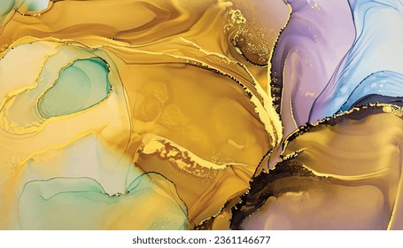 Abstract fluid art painting background in alcohol ink , mixture of yellow and golden metallic paints. Transparent  layers of ink create lines and gradients. Burst of creativity .Vector illustration