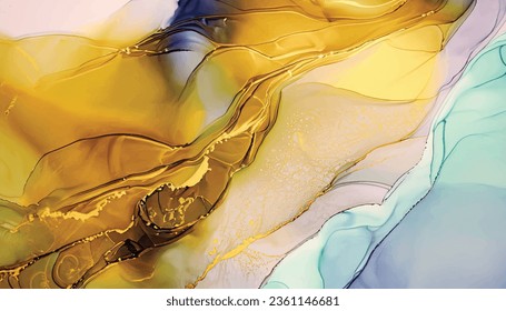 Abstract fluid art painting background in alcohol ink , mixture of yellow and golden metallic paints. Transparent  layers of ink create lines and gradients. Burst of creativity .Vector illustration