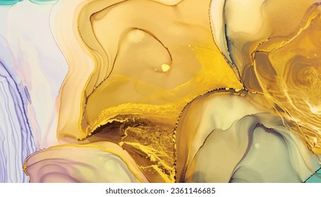 Abstract fluid art painting background in alcohol ink , mixture of yellow and golden metallic paints. Transparent  layers of ink create lines and gradients. Burst of creativity .Vector illustration