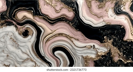 Abstract fluid art painting made in alcohol ink technique pink white black brown colors gold paints.Imitation of marble stone cut,glowing glitter golden foil veins.Tender dreamy design.Epoxy resin.