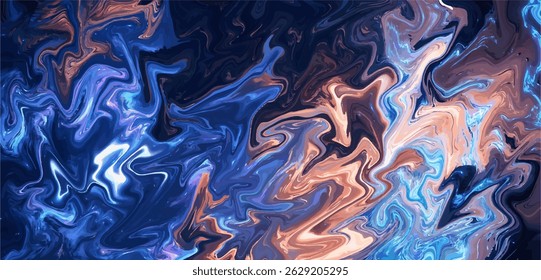 an abstract fluid art piece, characterized by swirling patterns of blue, gold, and hints of purple and black.