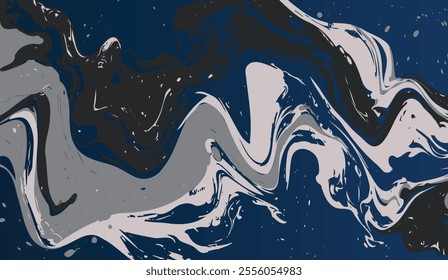 abstract fluid art piece features swirling shades of navy blue, gray, and black, evoking a sense of motion and creativity, ideal for modern design projects