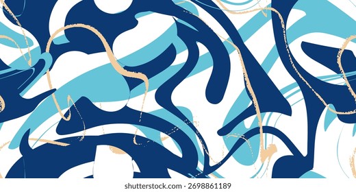 Abstrato fluido arte padrão sem emenda com azul e ouro. Fundo de mármore luxuoso. Desenhos e formas psicodélicos. Ilustração vetorial.