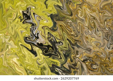 Abstract fluid art with swirling patterns in yellow, black, and earthy tones.