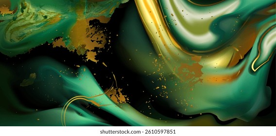 Abstract fluid art texture, luxury background in emerald green, mint and gold colors. Liquid marble effect with golden powder and glitter. Swirling elegant and dreamy paint wavy design pattern.