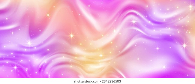 Abstrakter, flüssiger Hintergrund. Lila und rosafarbene Neonfarben Farbverlauf mit Sternen und Funkeln Wavy strukturierte Flüssigkeiten Design. Vektorgrafik.