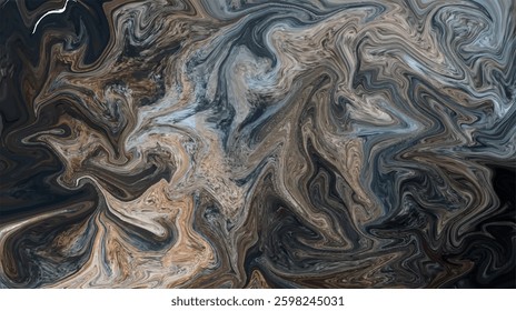 An abstract, fluid background with swirling patterns in shades of brown, black, gray, and hints of blue. The design resembles marble textures with organic and dynamic movement.