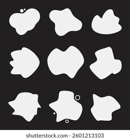 Abstract Fluid Blob Shapes Set, Modern Organic Liquid Elements, White Irregular Blobs on Black Background, Minimalist Abstract Design, Trendy Vector Illustration for Branding and Social Media