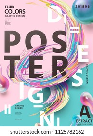 Diseño de afiches de colores fluidos abstractos en tonos rosa y azul claro con forma líquida agitada y esferas brillantes, ilustración 3d