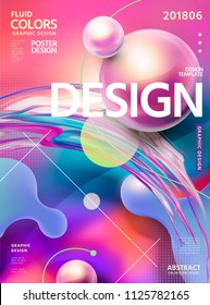 Abstract fluid colors poster design in fuchsia tone with swirling liquid shape and glossy spheres, 3d illustration