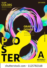 Abstract fluid colors poster design with wavy liquid shape on dark brown and bright yellow background in 3d illustration