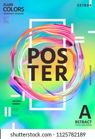 Abstract fluid colors poster design with circular wavy liquid shape on hologram color background in 3d illustration