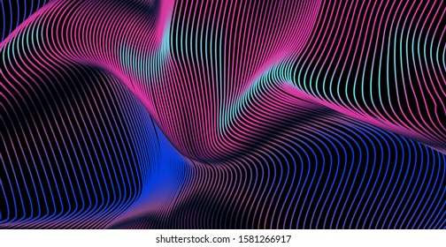 Abstract Fluid Creative Background With Smooth Wavy Lines. Vaporwave And Retrowave 80s-90s Neon Style Trendy Geometric Pattern In Rainbow Holographic Colors.