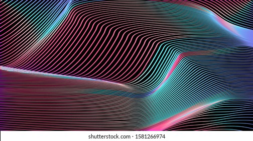 Abstract fluid creative background with smooth wavy lines. Vaporwave and retrowave 80s-90s neon style trendy geometric pattern in rainbow holographic colors.