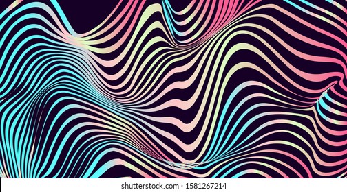 Abstract fluid creative background with smooth wavy lines. Vaporwave and retrowave 80s-90s neon style trendy geometric pattern in rainbow holographic colors.