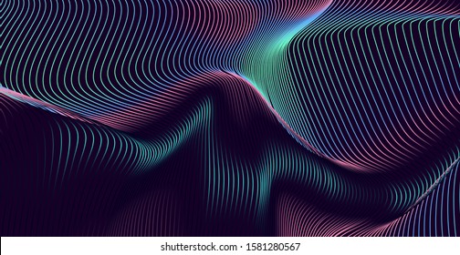 Abstract fluid creative background with smooth wavy lines. Vaporwave and retrowave 80s-90s neon style trendy geometric pattern in rainbow holographic colors.