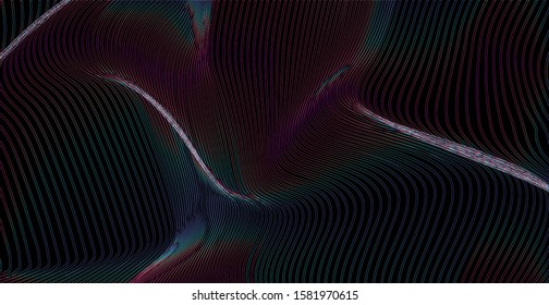 Abstract fluid creative background with smooth wavy lines. Vaporwave and retrowave 80s-90s neon style trendy geometric pattern in rainbow holographic colors.