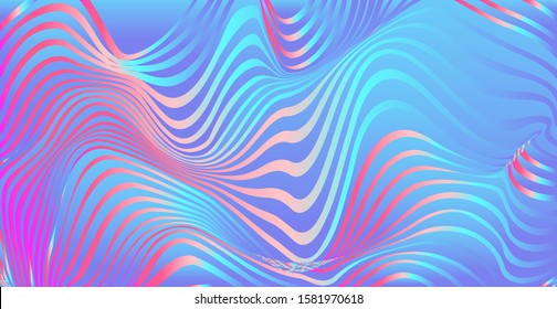 Abstract fluid creative background with smooth wavy lines. Vaporwave and retrowave 80s-90s neon style trendy geometric pattern in rainbow holographic colors.