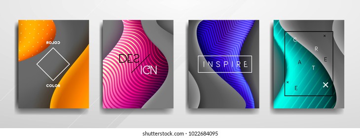 Abstract Fluid creative templates, cards, color covers set. Geometric design, liquids, shapes. Trendy vector collection.